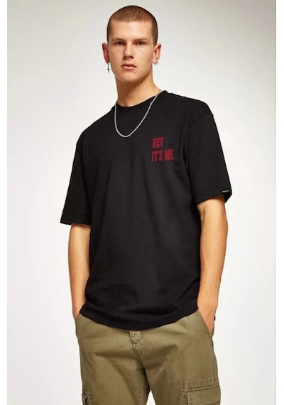 Unisex Bisiklet Yaka Oversize Baskılı T-shirt - Siyah Siyah