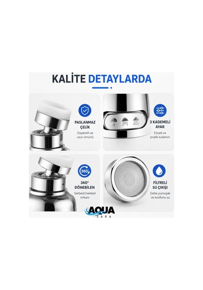 Aqua Sara 3 Fonksiyonlu Mutfak Lavabo Musluk Başlığı 360 Derece Döner Musluk Ucu Tasarruflu Krom