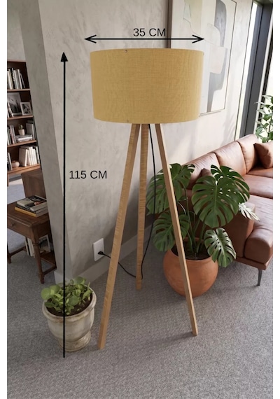 3 Ayaklı Tripod Lambader Hardal Kumaş Başlık .
