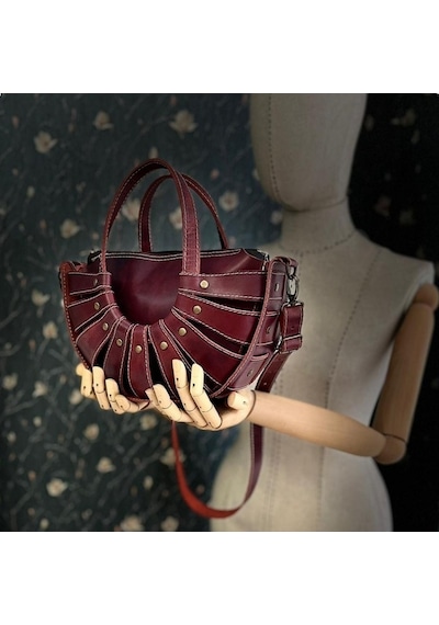 Carıdea El Yapımı Hakiki Deri Bayan Çanta, Clutch, El Omuz Çantası V15 Açık Bordo