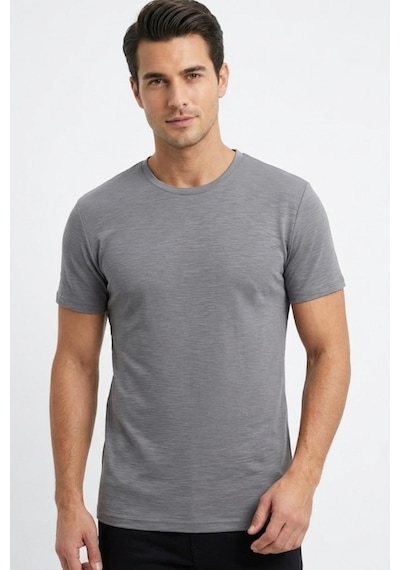 Uki Gri Modal Bisiklet Yaka T-shirt