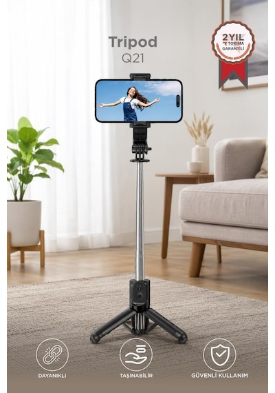 Tripod Çok Amaçlı Entegre Tripodlu Uzaktan Kumandalı Selfie Çubuğu Q21 Siyah