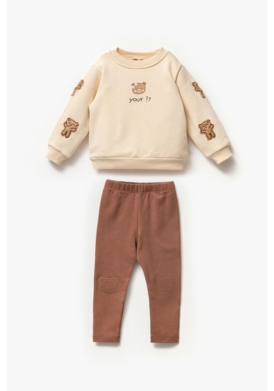 Magu Kız Çocuk Ayıcık Teddy Aplikeli Pamuklu Sweatshirt İspanyol Tayt Alt-üst Takım Bej
