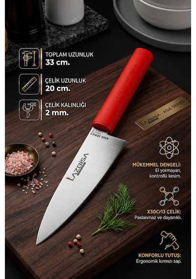Lazbisa Mtf-346 Asia Serisi Mutfak Şef Bıçağı Seti Et Ekmek Sebze Şef Bıçak 3 Lü Set Günlük Kullanım Kırmızı