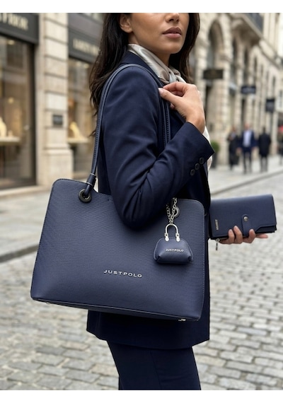 Just Polo Kadın Büyük Boy Premium Gümüş Logolu El Çantası Ve Cüzdanı Kombin Tote Bag Ebat : 22 X 34 Cm Lacivert
