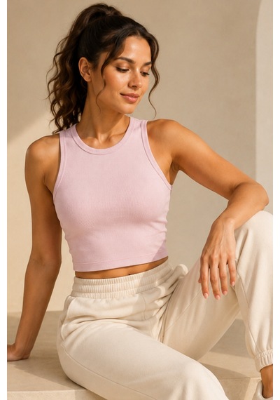 Loule Kadın 2'li Bisiklet Yaka Kolsuz Fitilli Crop Top Pudra-beyaz Çok Renkli