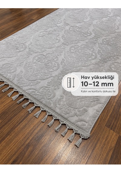 Rölyef Gri Joy Pon Pon Saçaklı Modern Yumuşak Dokulu Kabartmalı Kaymaz Taban Halı Yolluk