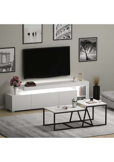 Beliz LED Işıklı TV Sehpası ve Minimal 2'li Orta Sehpa Takımı – Beyaz – Modern Oturma Odası Seti Beliz LED Işıklı TV Sehpası ve Minimal 2'li Orta Sehpa Takımı – Beyaz – Modern Oturma Odası Seti