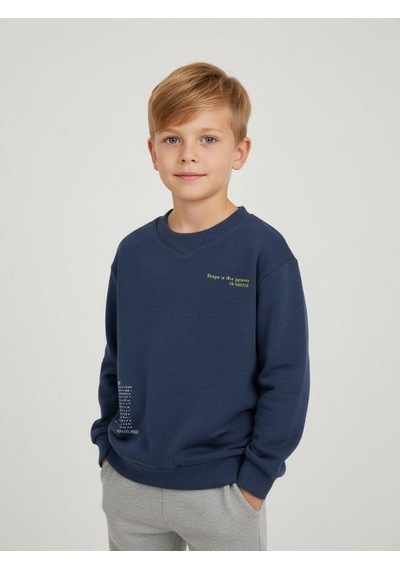 Zekids Erkek Çocuk Pamuklu V Yaka Baskılı Sweatshirt-16702 Indigo