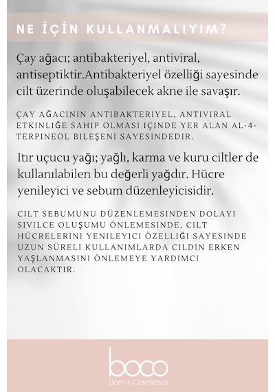 Boco Born In Cosmetics Akne ve Sivilce Karşıtı Çay Ağacı + Itır %100 Saf Uçucu Yağı 2 x 10 ML