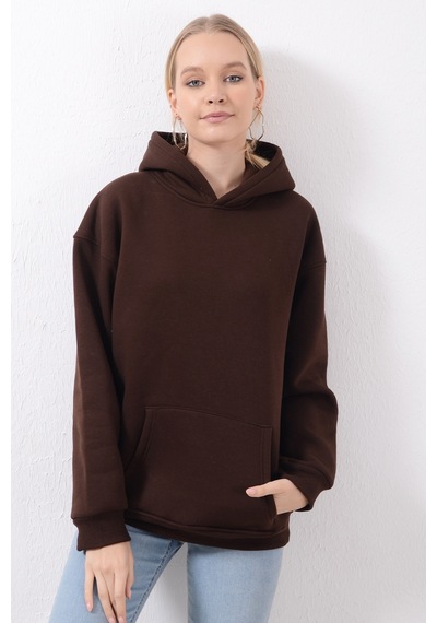 Unisex Kapüşonlu Oversize Düz Basic Kahverengi Sweatshirt