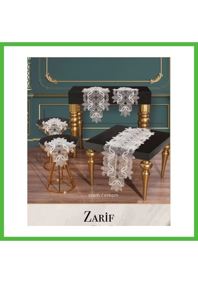 Vaveni Salon Takımı 5 Parça Dantelli Masa Örtüsü Runner Seti Çeyizlik Zarif Model Krem Arz