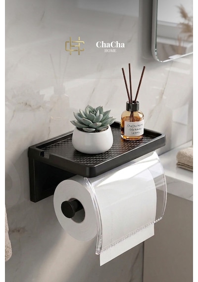 Raflı Tuvalet Kağıdı Askısı Yapışkanlı Kapaklı Banyo Organizer Siyah Siyah - Şeffaf