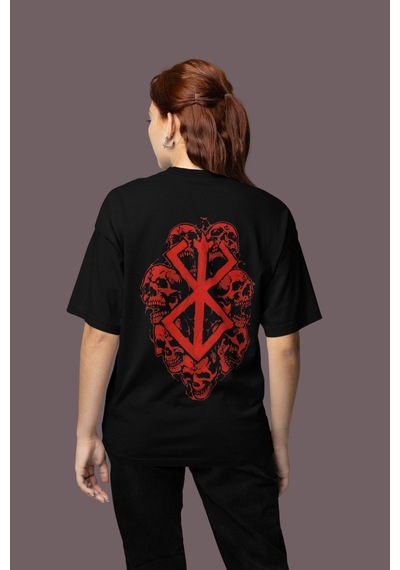 Berserk Guts Logo Sırt Baskılı Unisex Oversize Anime Karakter Tiş Siyah
