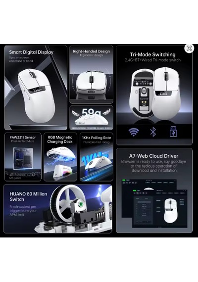 Freewolf A7 Kablosuz Dijtal Ekranlı Oyuncu Mouse Paw3311 1000 Hz 24000 Dpı -