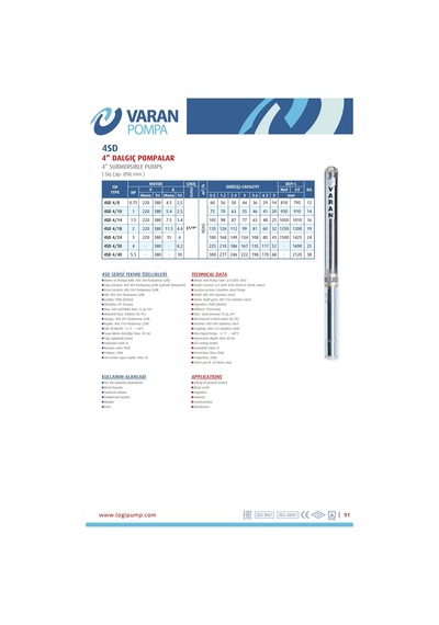Varan 4sd 4/30 Tek Pompa 4" Derin Kuyu Pompası 4 Hp / 3 Kw, Trifaze 380 V, 225 Mss, 5 M3/h