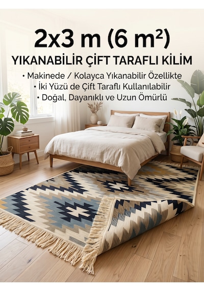 Çift Taraflı Yıkanabilir Dokuma Kilim 6 Metrekare Zilli Turkuaz 200x300cm Turkuaz - Mavi