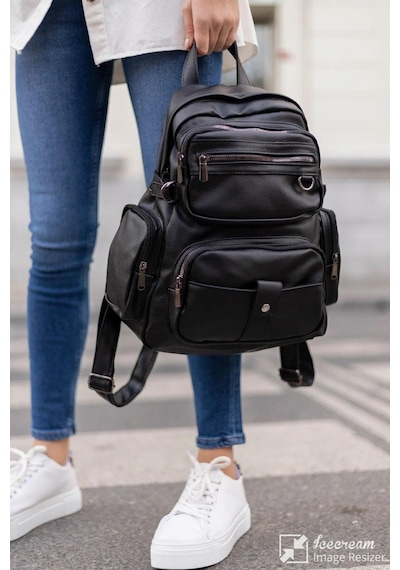 Mygeppetobag Yıkama Deri Kadın Sırt Çantası Siyah