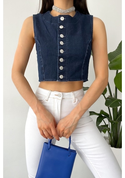 Femelle Kadın Denim Düğmeli Crop Kot Kolsuz Bluz Mavi