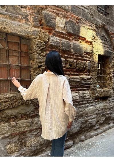 WeShaya Taş Çizgili Oversize Düğmeli Gömlek Taş