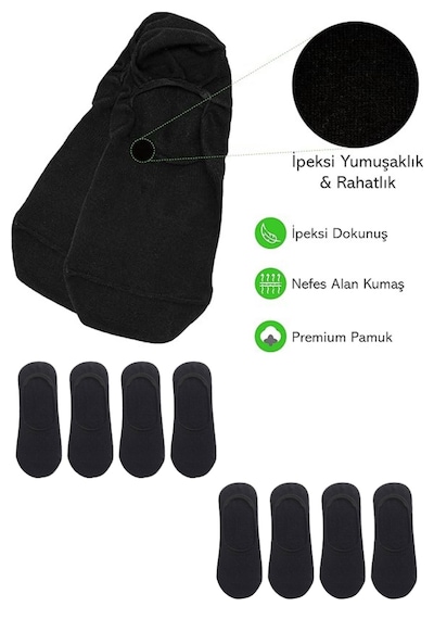 Kral Socks Kadın - Erkek Düz Desen 8'li Paket - 8 Çift Pamuklu Terletmez Babet Çorap Siyah