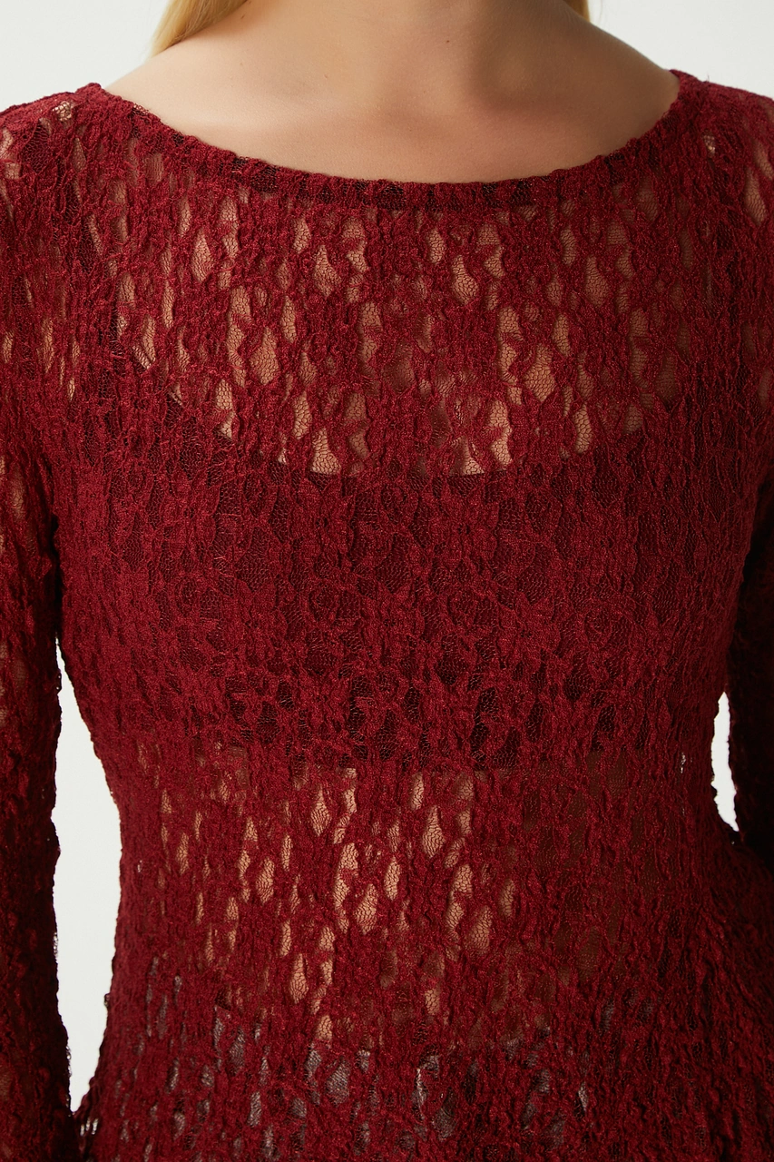 Ritnice Angel Asimetrik Bordo Uzun Kollu Dantel Top / Bluz Bordo