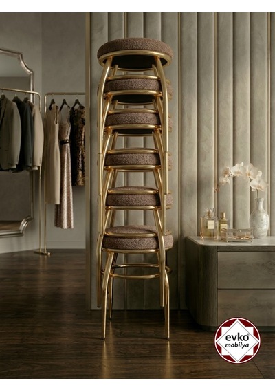 Evko Mobilya Tabure, Bar Taburesi, 2 Adet Tabure, Puf, Bench, Metal Ayaklı Tabure, İç Içe Geçebilen Tabure, Mutfak Balkon Bahçe Taburesi Gold Kahverengi
