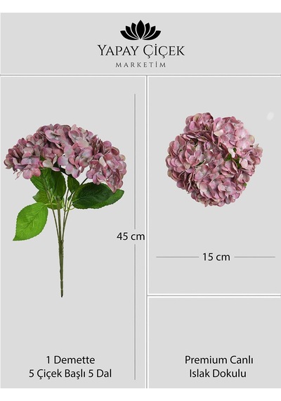 Kahverengi Yapay Ortanca Çiçeği 5 Dallı Premium Canlı Islak Dokulu 42 Cm