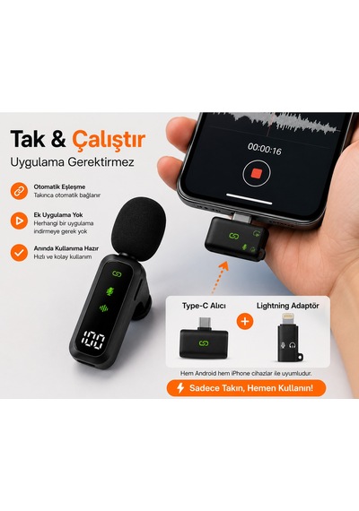 Kablosuz Yaka Mikrofonu Type-c + Lightning Uyumlu İphone & Android Tak Çalıştır Gürültü Azaltma Airmic Ry-wm01