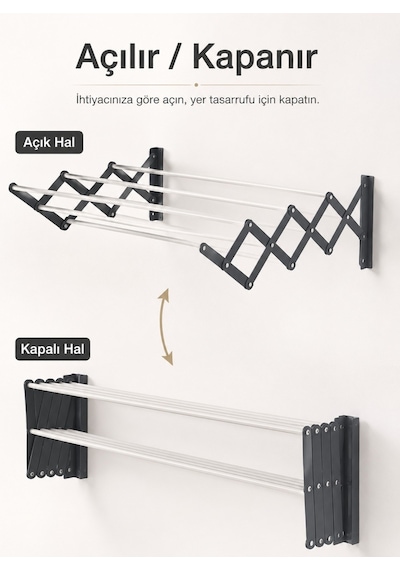 Çamaşır Kurutma Askılığı Katlanır Duvara Monte Balkon Banyo Askılık Duvar Tipi Yer Tasarruflu Kurutmalık 100 Cm Akordiyon Antrasit