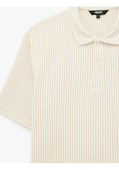 Koton Regular Fit Kısa Kollu Düğmeli Polo Yaka Tişört Bej Çizgili 6sam10072mk Ekru