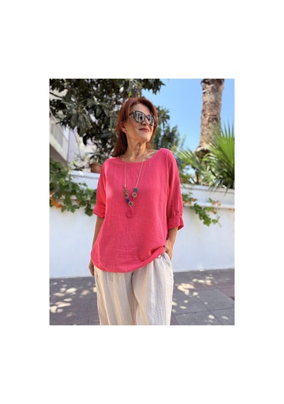 Denizege İtalyan Pamuk - Keten Dokulu Kolyeli Bluz Pembe Pembe