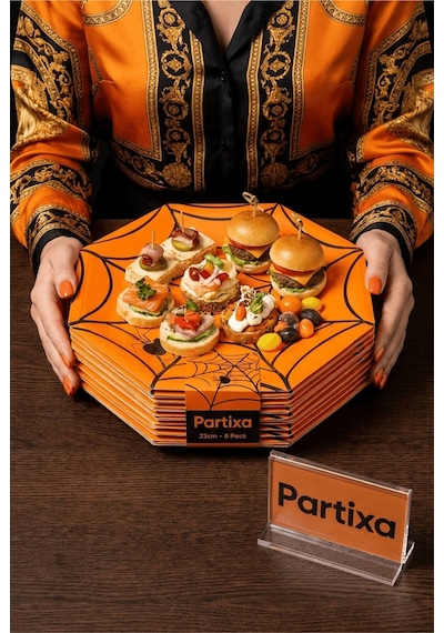 Cadılar Bayramı Örümcek Ağı Turuncu Sekizgen Kağıt Tabak 23 Cm 8'li Paket - Halloween Parti Tabağı Çok Renkli