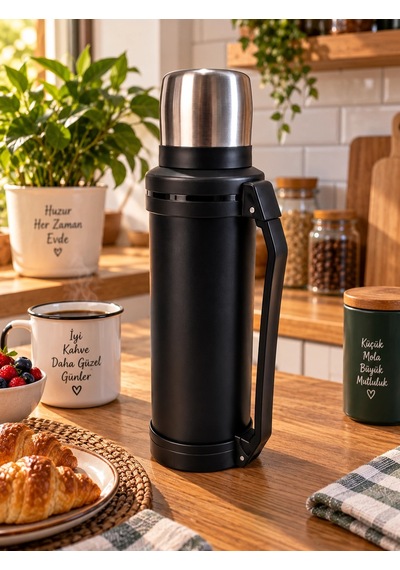 Penguen 2 Litre Paslanmaz Çelik Vakumlu Kamp Termosu Siyah Çok Renkli