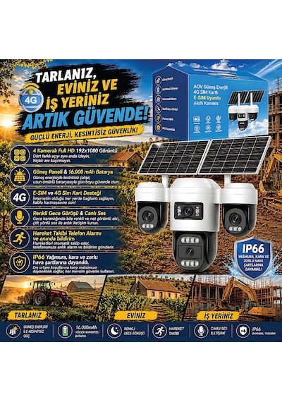 Radem Rd-104 4 Lens 3ptz Solar 4g Güvenlik Kamerası - 16000 Mah Batarya, Çift Yönlü Ses, Renkli Gece Görüşü & Ip66