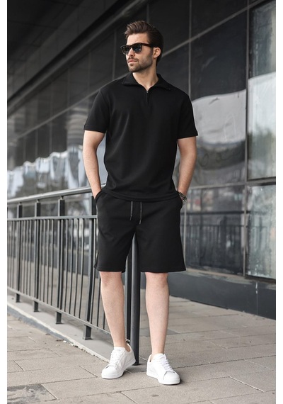 Madmext Siyah Yarım Fermuarlı Polo Yaka T-shirt Şort Takım E7348 Siyah