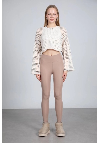 Maximodena Ekru Ajurlu Crop Bluz - Ekru