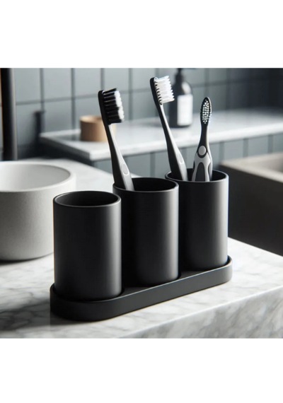 M2s Modern Mat Siyah 3'lü Diş Fırçalık Ve Banyo Organizeri Seti - Standlı Dekoratif Diş Macunu Standı Tezgah Üstü
