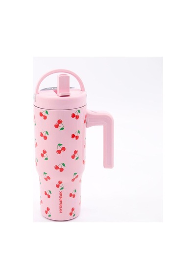 Hydrapeak Pembe Kiraz Desenli Kulplu Termos Mug - Pipetli Paslanmaz Çelik Tumbler