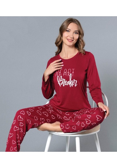 Uzun Kol Mevsimlik Pijama Takımı Viskon Alperi 790-56 Bordo
