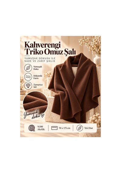 Comerciante Kahverengi Düz Triko Kadın Omuz Şalı Yumuşak Dokulu Kışlık Şal 70x175 Cm %100 Akrilik Kahverengi - 930337046 Kahverengi