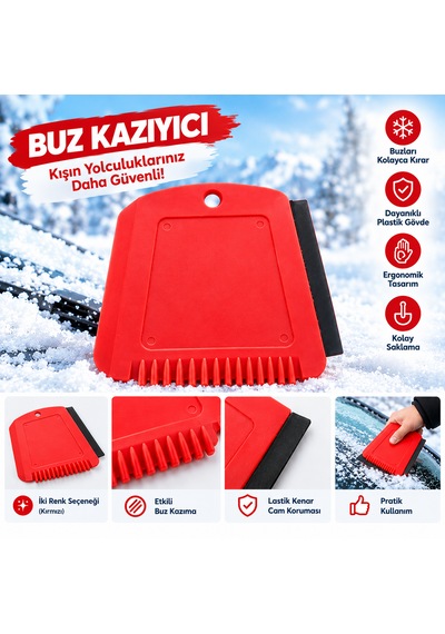 Arkado Araç Buz Kazıyıcı Kırmızı Plastik Buz Temizleme Aparatı Lastik Kenarlı Kışlık Oto Aksesuarı