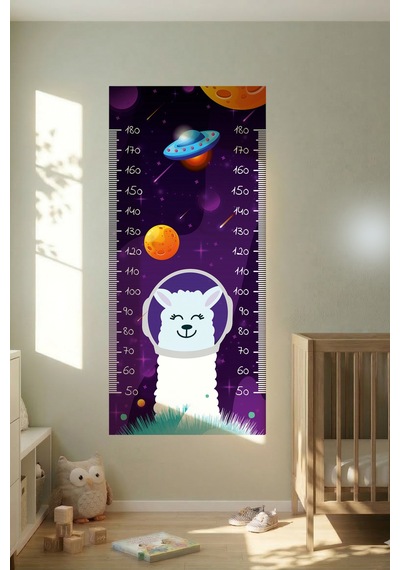 Lama Uzayda Temalı Dekoratif Çocuk Boy Ölçer Sticker Duvar Cetveli Takip Çizelgesi Mor