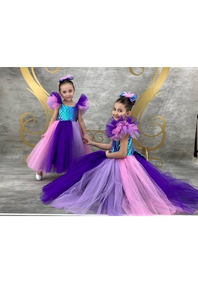 Ay Kids Kız Çocuk Deniz Kızı Temalı Kabarık Tütü Elbise Parti Elbisesi 1405mor Mor