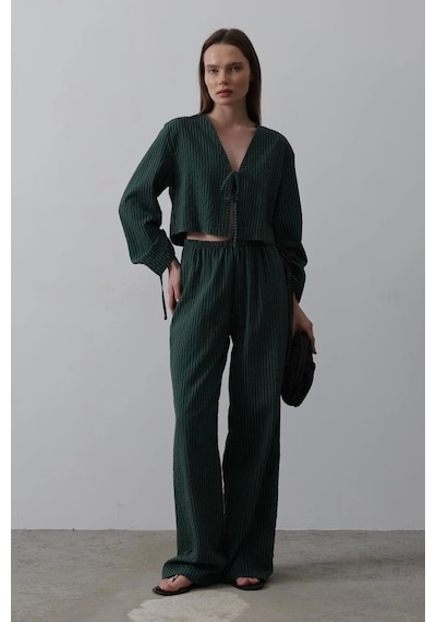 Defymoda Önü Bağlamalı Crop Takım - Yeşil Yeşil