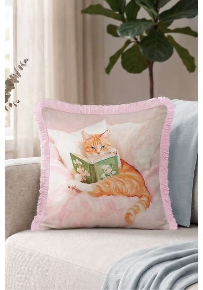 Kedi Romantik Masalsı Saçaklı Yastık Kılıfı-sevimli Pet Bohem Turuncu Pembe Püsküllü Kırlent Kılıfı Bordo