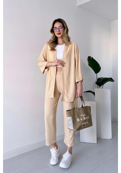Trend Alisse Kimono Kadın Alt Üst Takım Taş Rengi Taş