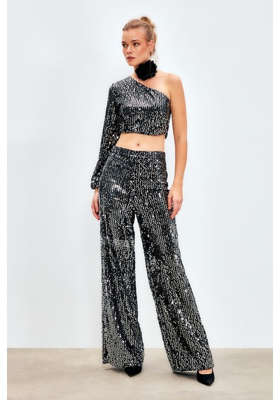 Sateen Bol Paça Payetli Pantolon - Gümüş