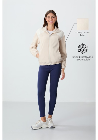Tommy Life Bej Kalın Yumuşak Dokulu Dik Yaka Oversize Nakışlı Polar Kadın Sweatshirt - 97293 Bej