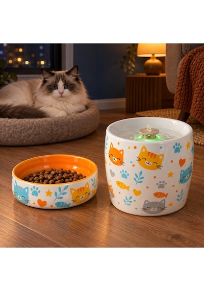 Kedi Porselen Su Pınarı Ve Mama Kabı 2'li Set Otomatik Filtreli Pompalı Seramik Su Sebili, 1.3 L, 600 Ml Kase, Led Işıklı, Sari-kedi